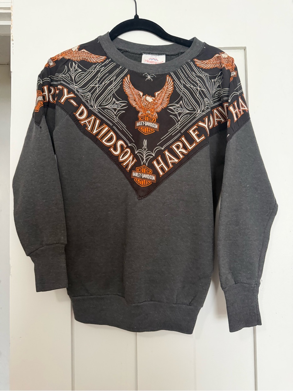 Vintage Harley Davidson Charcoal Gray Crewneck with Orange Eagle Graphics